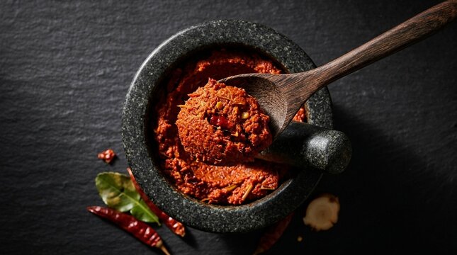 Red freshly made Thai red curry paste in mortar pestle overhead close hands-only chopstick or spoon lifting action close detail