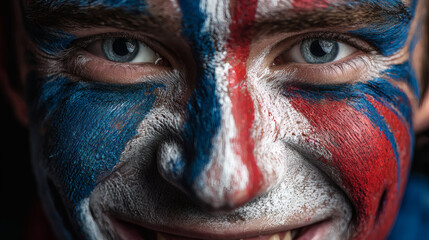 Obraz premium Close up of smiling football fan with face paint and national colors