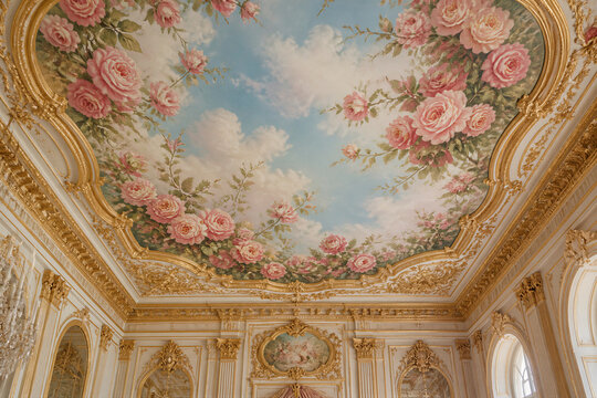 Ornate ceiling mural decorated with roses in palace hall