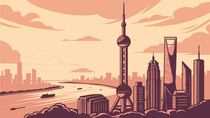 Obraz premium Shanghai skyline with iconic towers and river at sunset