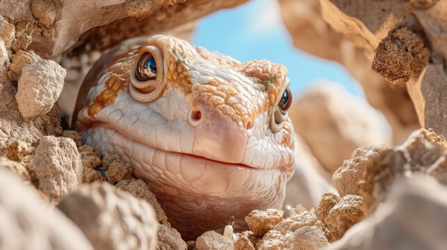 Close-up of small lizard head peeking through rocky crevice with bright eyes