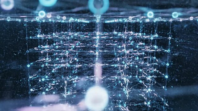 Futuristic abstract digital network grid representing artificial intelligence, big data analytics, blockchain, and neural computing. Concept for global connectivity, machine learning, and advanced...