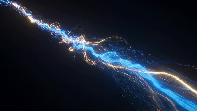 Abstract 3D animation of glowing blue and gold electric currents flowing like a dynamic river