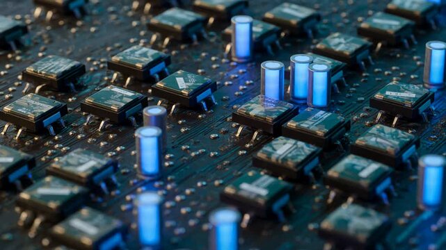 Extreme Macro Shot Of Multi Colored Microchips And Glowing Blue Capacitors On Abstract Circuit Board