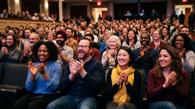 Diverse audience clapping and smiling in a theater during a performance or event