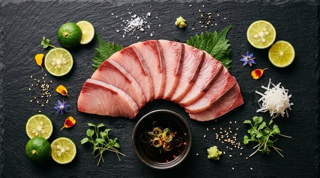 Hamachi yellowtail sashimi fan slices ponzu citrus overhead close scatter flat lay ingredients arranged