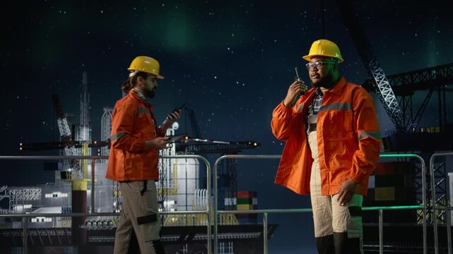 Engineering team on drilling barge doing radio coordination during embargo with offshore platform context during oil crisis.