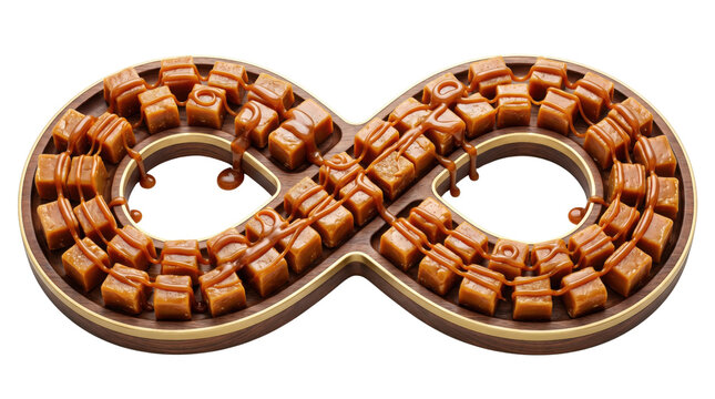 Gourmet caramel cubes in infinity symbol shape, sweet toffee candy pieces on white background, delicious brown sugar fudge dessert concept
