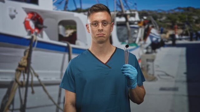 Man dentist in blue scrubs holding dental mirror and probe with gloved hand in studio with boat backdrop; medical care concern.