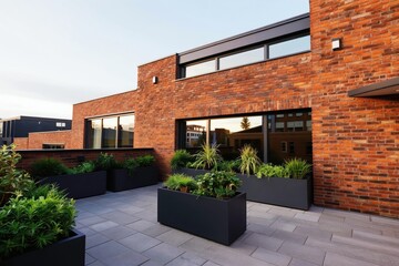 Fototapeta premium Modern brick building exterior with rooftop garden planters. Contemporary architecture features large windows reflecting sky and city structures. Green plants offer urban oasis.