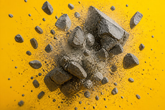 Crumbling concrete fragments exploding outward on yellow backdrop