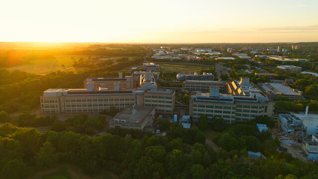 Aerial view of the GSK Stevenage research and development campus surrounded by lush green trees during a golden sunset in Stevenage, England, United Kingdom.