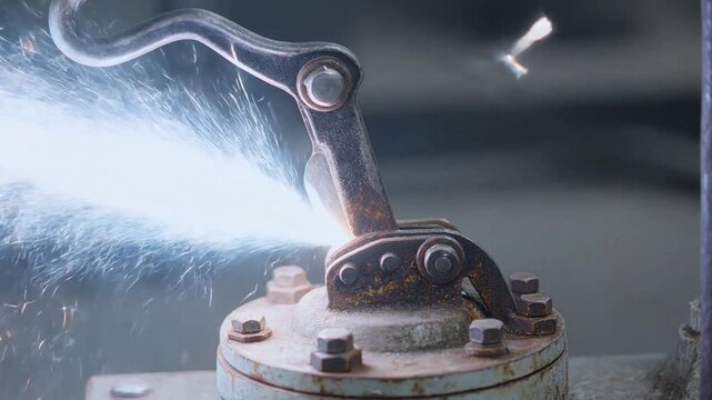 Slow Motion Of An Old Industrial Metal Knife Switch Being Thrown Down Generating Electric Sparks