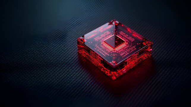 Computer microchip carved from a transparent ruby crystal glowing with red light
