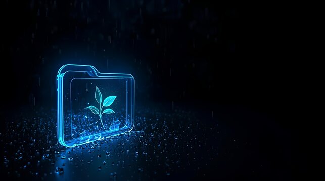 Glowing neon blue digital folder protecting a delicate green leaf from digital rain