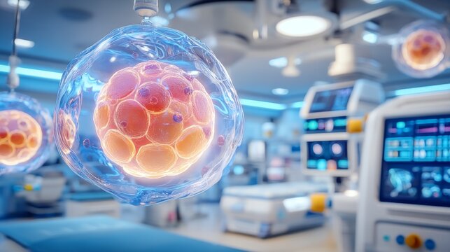 3D rendering of human cell structure in futuristic medical laboratory setting