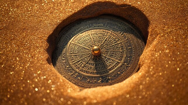 Extreme macro texture of an ancient brass astrolabe embedded in desert sand