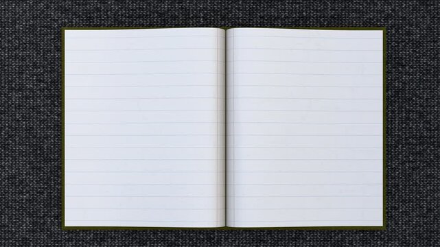 This vintage-style 3D notebook animation, which shows pages turning, features realistic white pages with blue ruled lines created using 3D rendering without  depth fields.