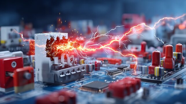 Dramatic Arc Flashes from Blown Fuse in Electrical Circuit Board