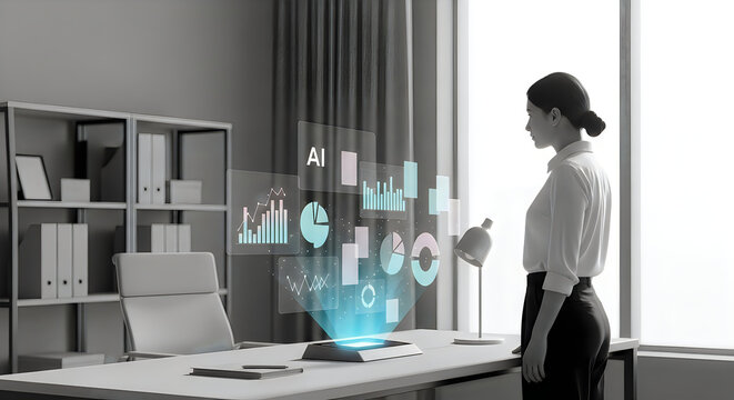 Professional woman examining ai data visualization