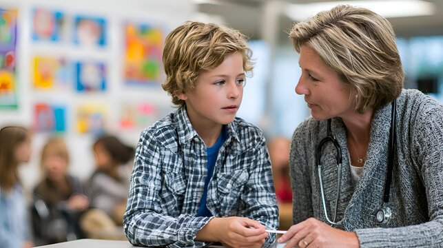 Female doctor or school nurse speaking empathetically with a young boy