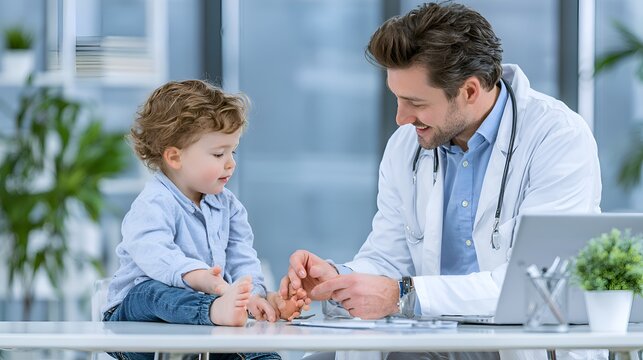 Friendly male doctor examining a happy toddler's feet during a check-up in a bright medical office
