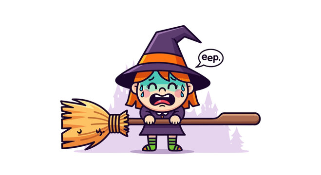 Scared little witch girl crying on broomstick, Halloween concept