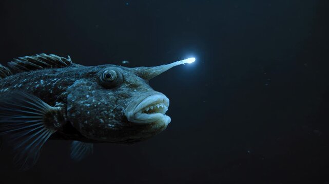 Macro shot of rare glowing deep sea anglerfish swimming slowly through pitch black ocean depths