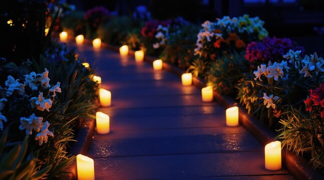 Candles light up a garden path at night. Flowers flank the walkway creating a romantic mood. The scene is peaceful and serene with soft warm light.