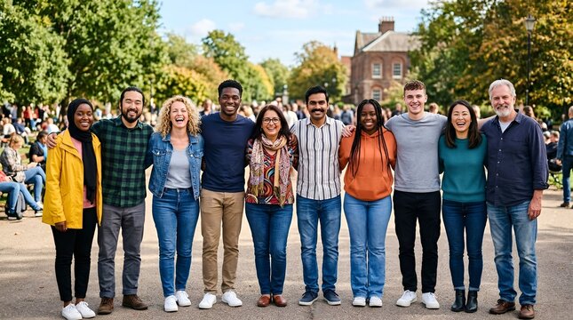 Diverse Group of Friends Laughing Together Outdoors in Park