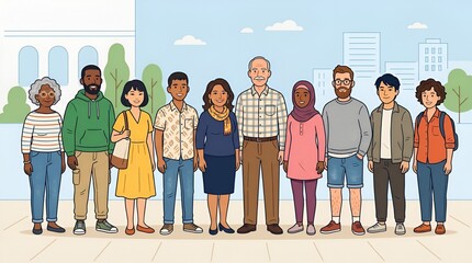 Obraz premium Diverse group of people standing together, representing community and unity in an urban setting.