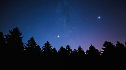 Obraz premium Dark pine tree silhouettes line horizon under deep blue twilight sky filled with stars and bright planets. This night scene evokes wonder and cosmic beauty, perfect for themes of nature and astronomy.