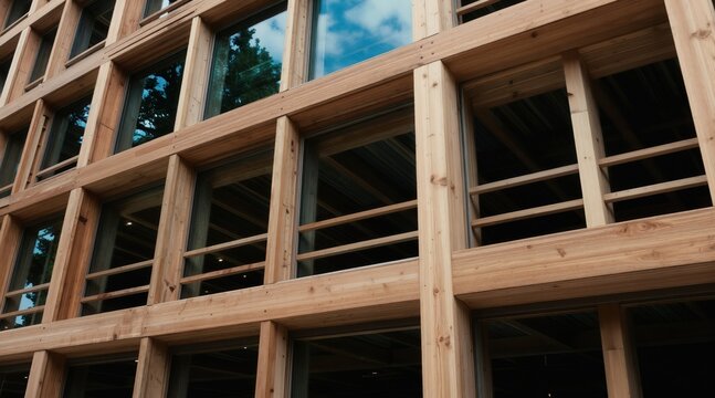 Modern mass timber building under construction. Large windows reveal exposed wooden structure. Sustainable material choice for eco friendly urban development and green architecture.