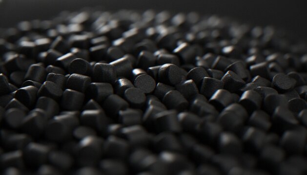 A close-up, macro shot of black plastic resin pellets or granules used in the industrial manufacturing process.
