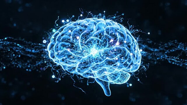 Abstract visualization of a digital human brain with neural network connections. Represents artificial intelligence, machine learning, deep learning, data processing, and cognitive future technology..