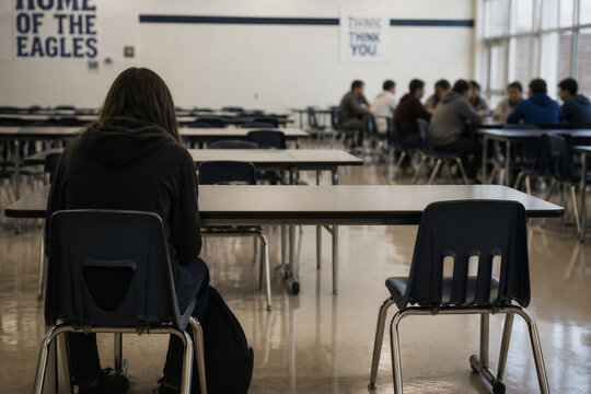 Student sitting alone at empty cafeteria table during lunch