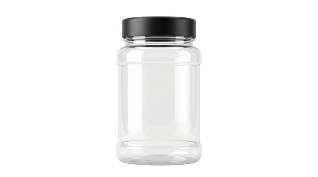 Clear plastic jar with black screw cap, empty transparent container for food storage, isolated pet bottle mockup for product packaging