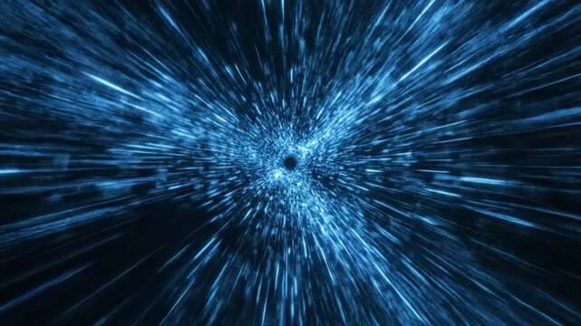Hyper speed travel through a blue digital tunnel with glowing light streaks and particles in space