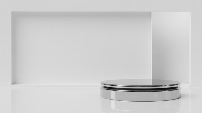 3D Render Reflective Silver Circular Pedestal Stand Placed in White Recessed Wall Niche for Exhibition Showcase