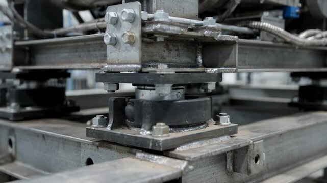 Closeup medium shot focusing on welding vibration mounts integrated into equipment skids to minimize operational noise and mechanical stress in industrial settings