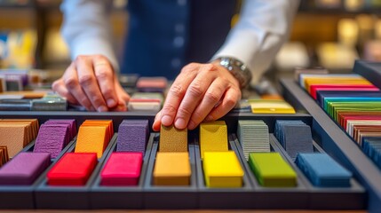 Obraz premium Hands Arranging Colorful Product Samples on Display Stand for Selection
