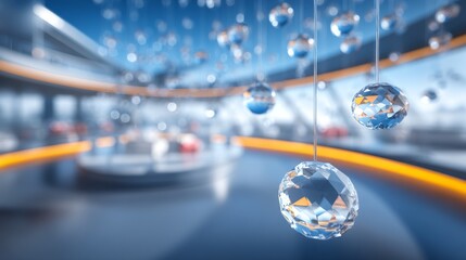 Naklejka premium Crystal Ornaments Cascading from Ceiling in Modern Installation