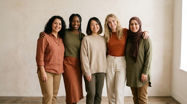 Diverse women standing together, smiling and embracing, representing unity and friendship.