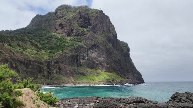 Static shot of Penha d'Aguia Eagle Rock cliff in Porto da Cruz, Madeira