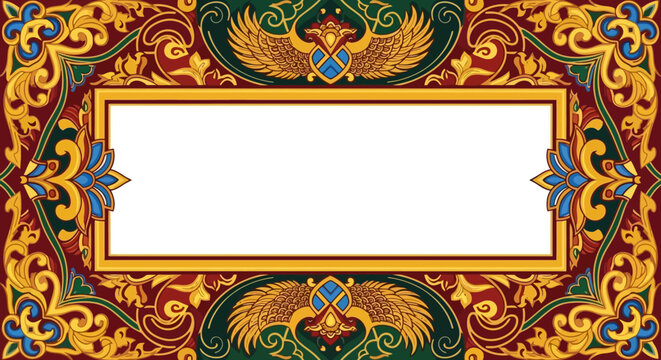 Ornate Rectangle Frame with Rich Floral and Geometric Patterns, Gold and Red