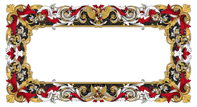 Ornate Vintage Decorative Frame Border with Red, Gold, and Black Flourishes