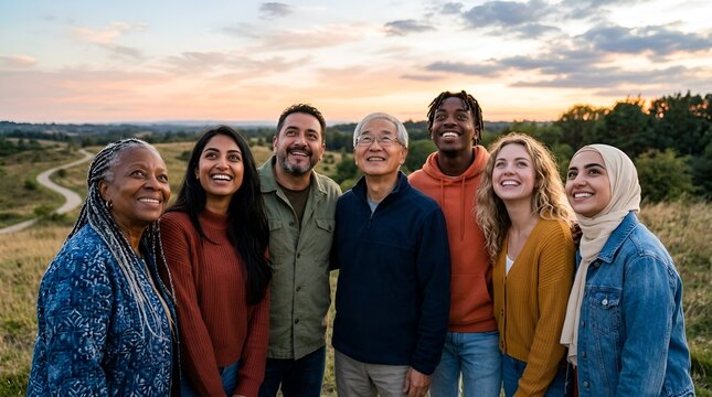 Diverse group of people smiling, looking up at sunset sky, outdoor portrait