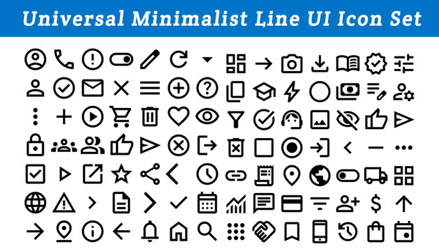 Universal minimalist line UI icon set for web and mobile application development