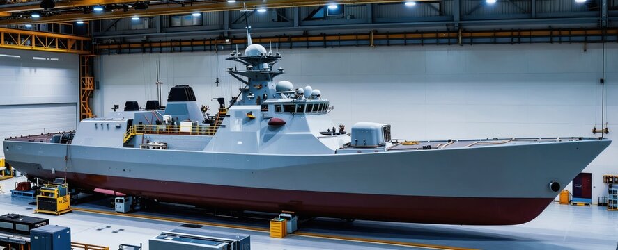 Modern warship under construction in large shipyard hangar. Advanced naval vessel hull gets built with new tech materials. Military shipbuilding facility shows future transport.