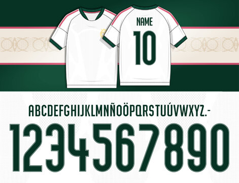 madrid font, spain font, Vector sports number set with tall geometric lettering, clean contours and dual line detailing. Alphabet and numerals designed for apparel graphics, roster markers